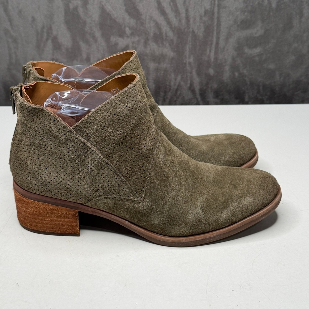 Korks Ankle Booties Women 7.5M Olive Green Suede Perforated Back Zip Q48929
